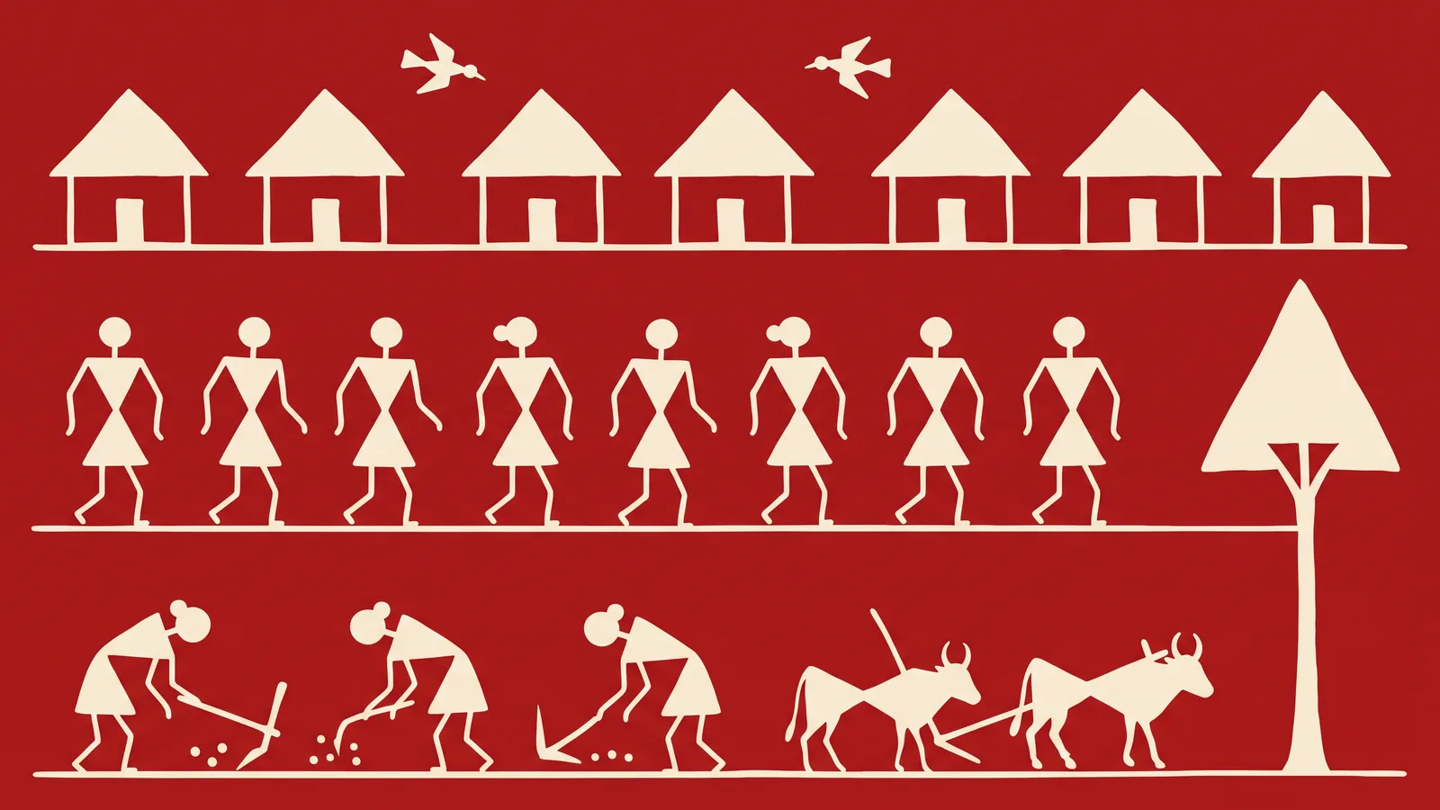 A Warli-style village scene in three bands — a row of thatched huts, a procession of walking figures, and figures working a field with bullocks — drawn in cream pigment on a deep red ground.