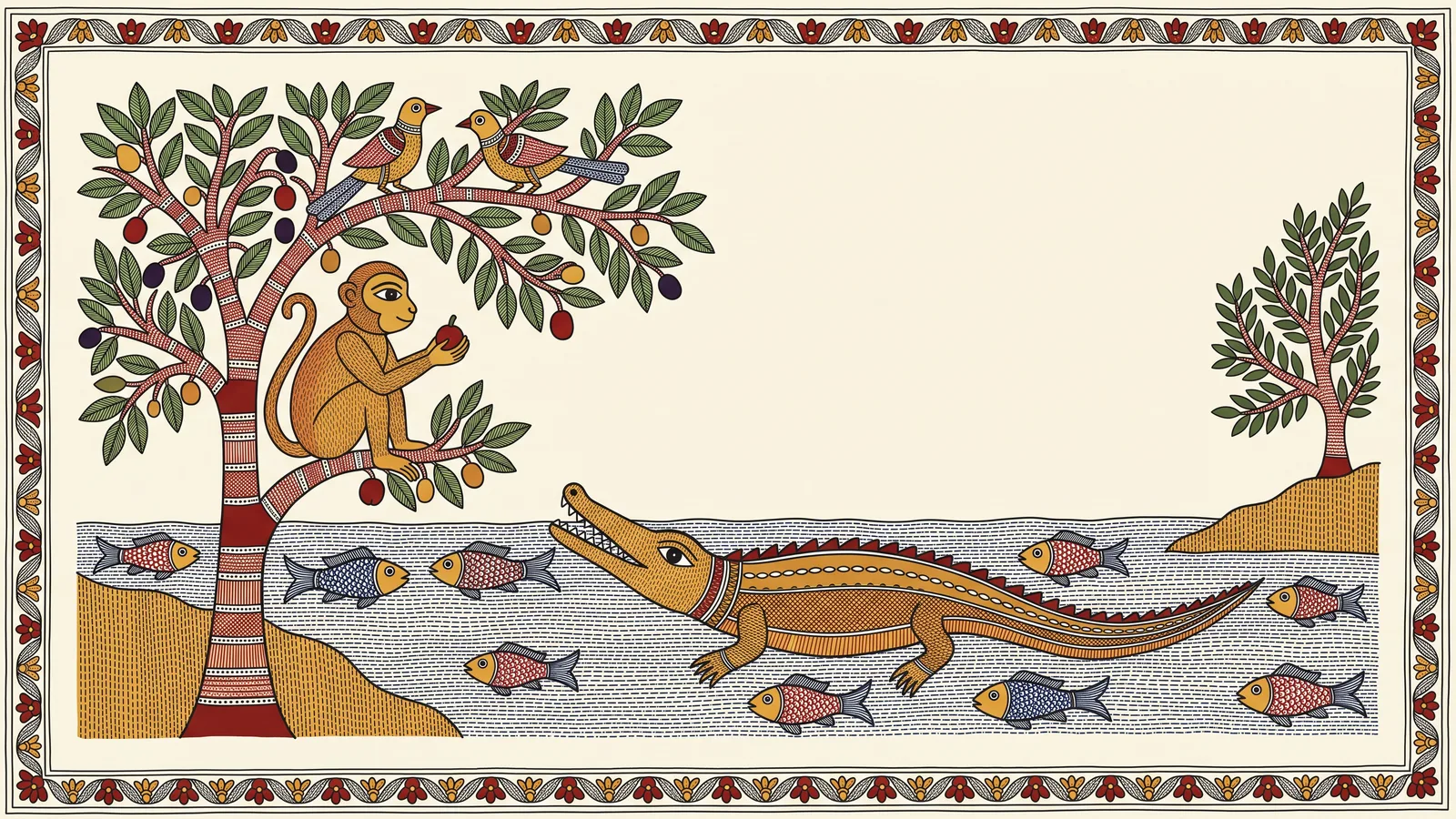 A Madhubani-style illustration of the monkey and the crocodile from the Panchatantra, framed by a dense border of fish and vines.