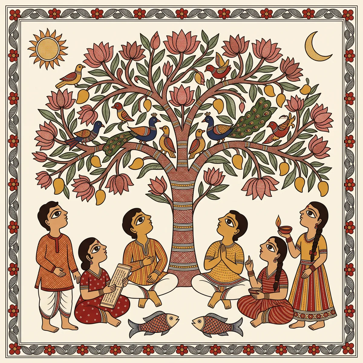 A Madhubani-style painting of children gathered beneath a flowering tree of life, with birds, fish and a sun rendered in the dense line work of Mithila painting.