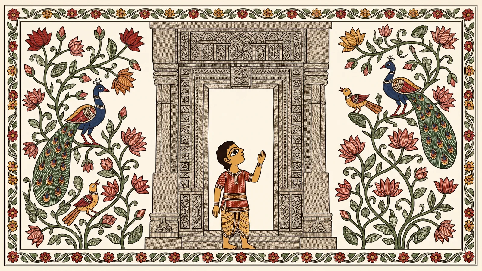 A Madhubani-style painting of a child standing before a carved stone temple doorway, reaching up toward its ornament, framed by lotus vines and peacocks.