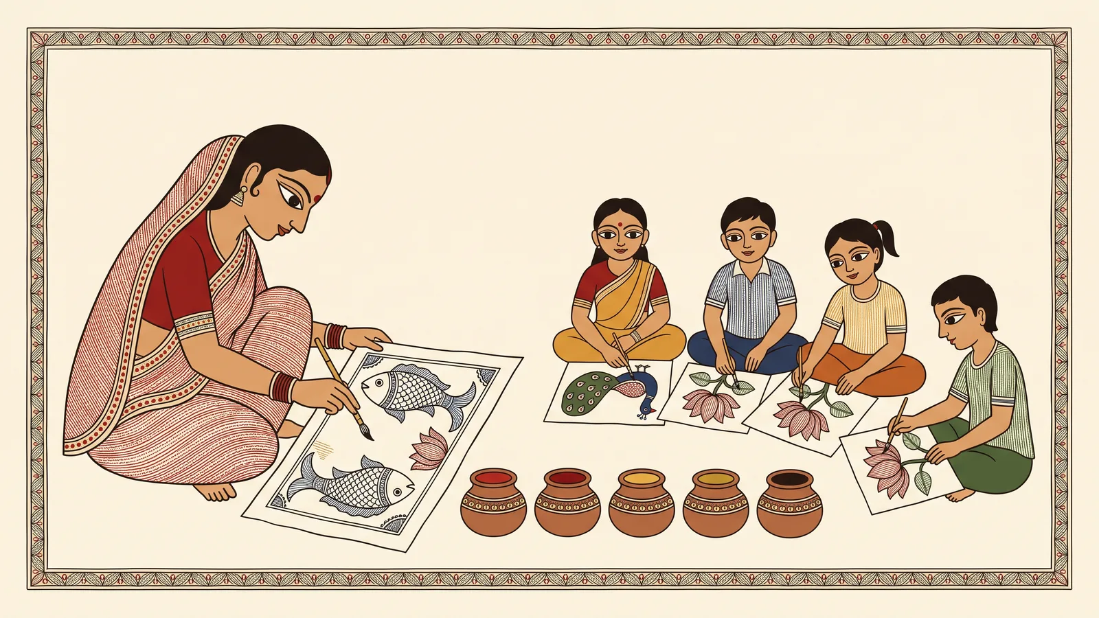A Madhubani artist's hands at work on a painted panel, pigment pots and bamboo brushes arranged nearby, rendered in dense folk line work.