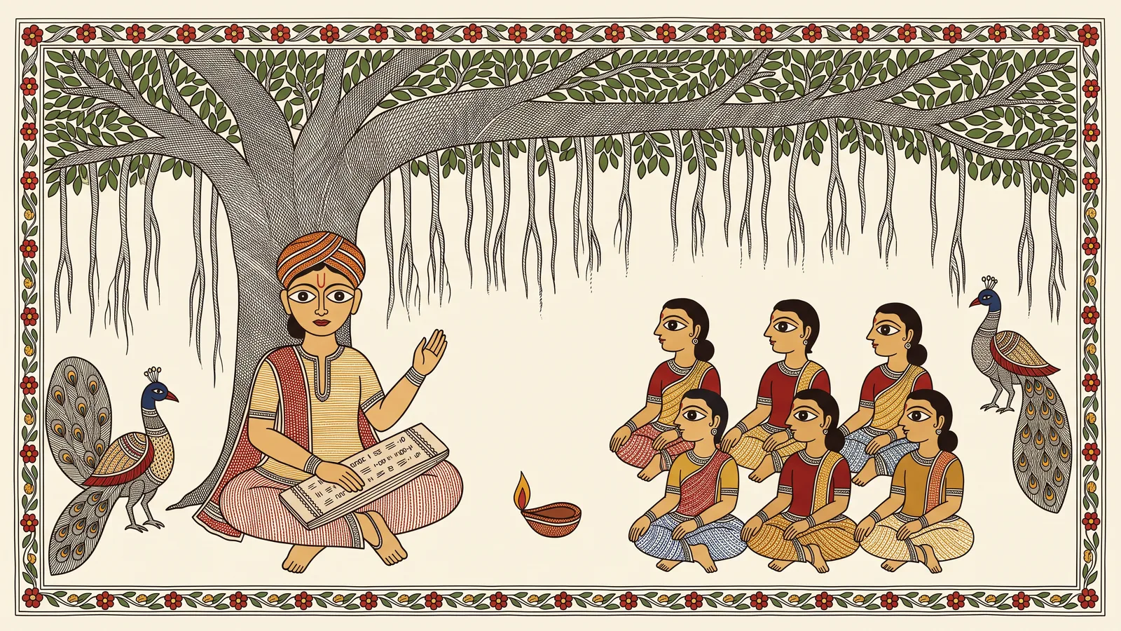 Folk-art illustration of a teacher and students seated beneath a tree, books and a lamp between them, drawn in Madhubani line work.