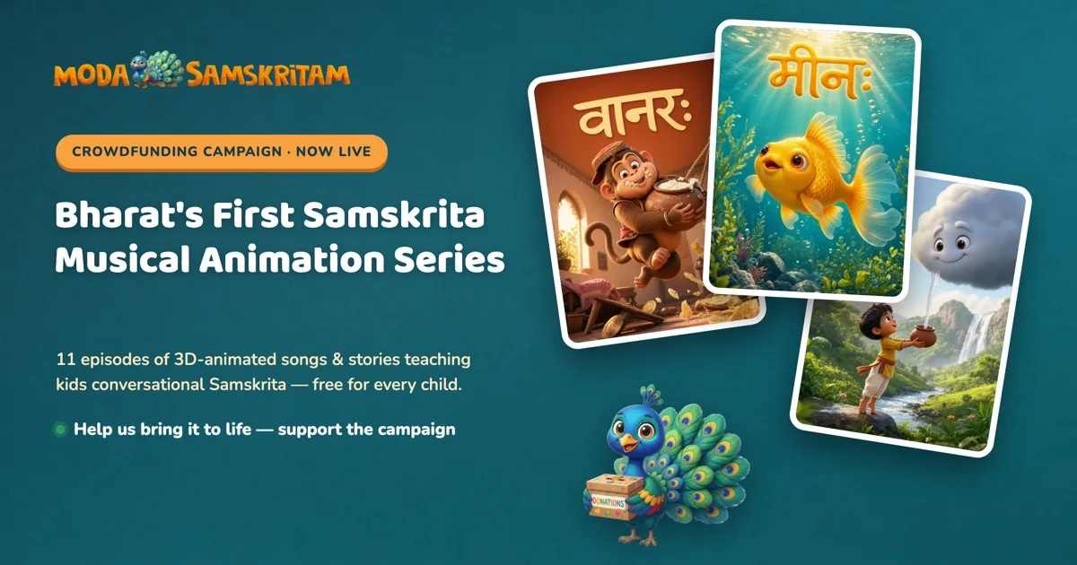 The Moda Samskritam campaign card — 3D-animated episode posters of a monkey, a golden fish and a rain cloud beside the series logo and its peacock mascot, announcing Bharat's first Samskrita musical animation series.