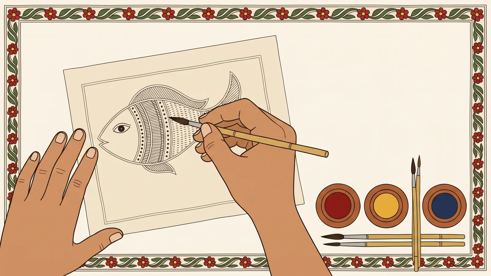 A Madhubani-style illustration of hands painting a folk motif, brushes and pigment pots arranged around the work.