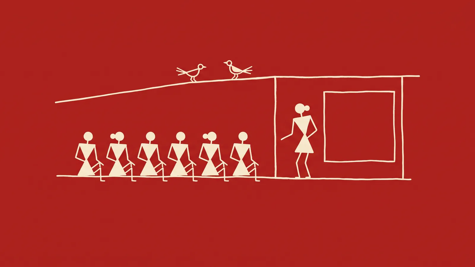 Warli-style stick figures of children seated in a row facing a teacher who stands beside a completely blank wall panel, drawn in cream pigment on a deep red ground.
