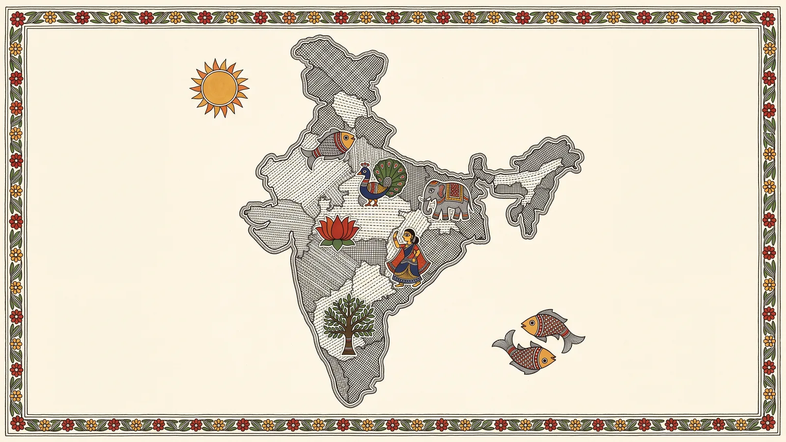 Folk-art map motif of India rendered in Madhubani line work, with regional art forms marked as small painted symbols.
